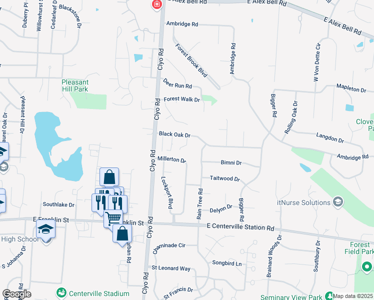 map of restaurants, bars, coffee shops, grocery stores, and more near 7800 Millerton Drive in Centerville