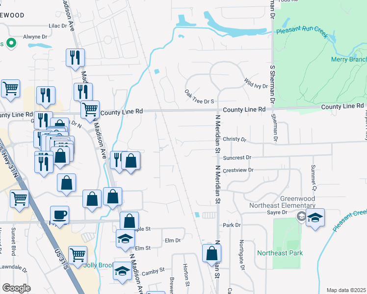 map of restaurants, bars, coffee shops, grocery stores, and more near 95 Paz Drive West in Greenwood