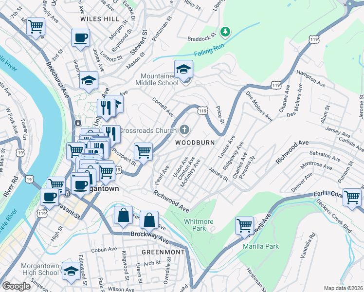 map of restaurants, bars, coffee shops, grocery stores, and more near 750 Snider Street in Morgantown