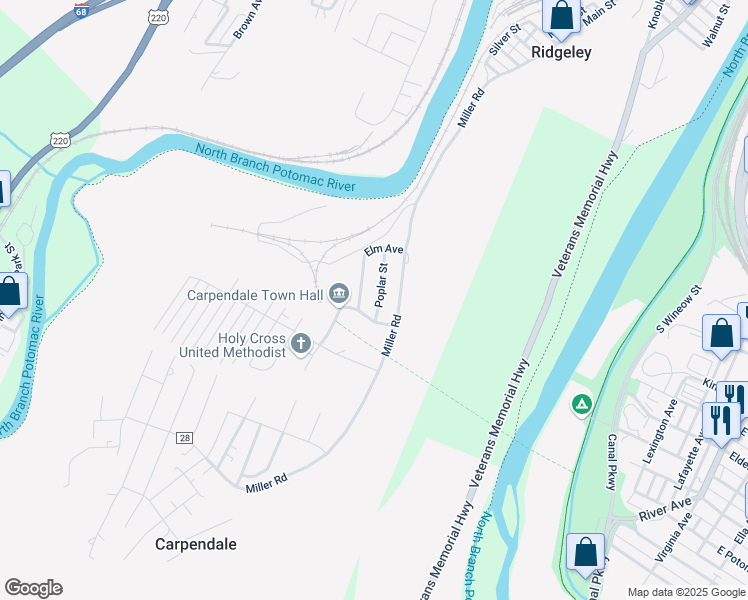 map of restaurants, bars, coffee shops, grocery stores, and more near 117 North Cedar Street in Carpendale