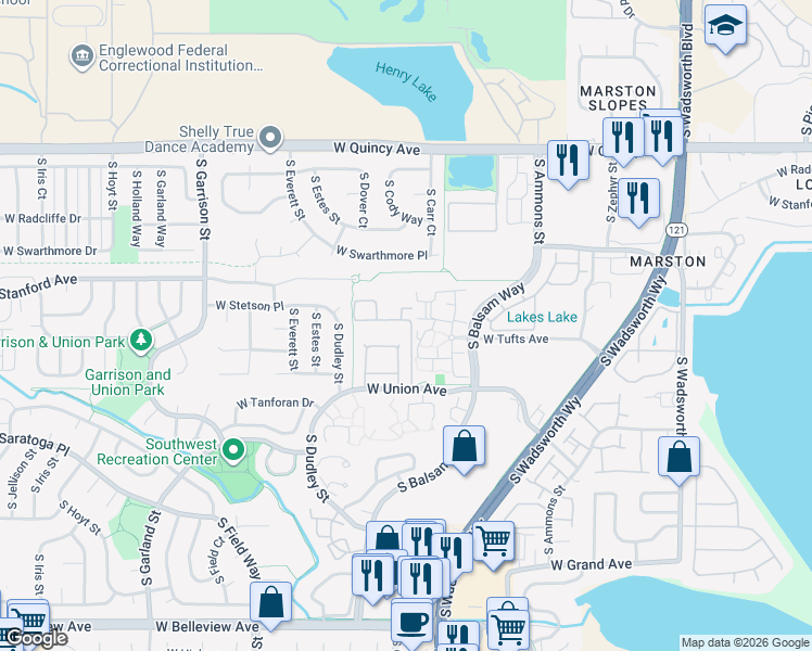 map of restaurants, bars, coffee shops, grocery stores, and more near 8481 West Union Avenue in Denver