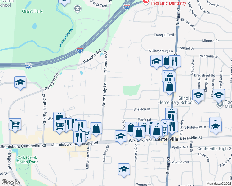 map of restaurants, bars, coffee shops, grocery stores, and more near 7702 Normandy Lane in Dayton