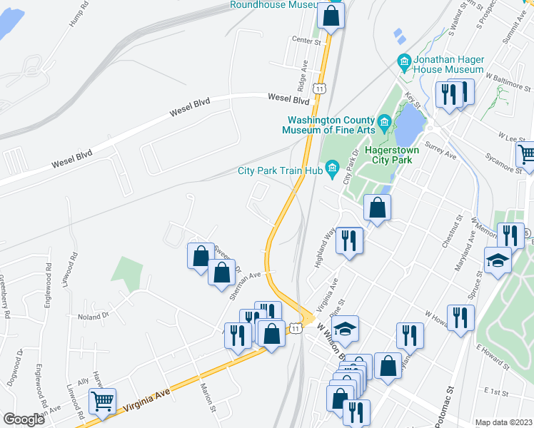 map of restaurants, bars, coffee shops, grocery stores, and more near 1100 Business Center Drive in Hagerstown