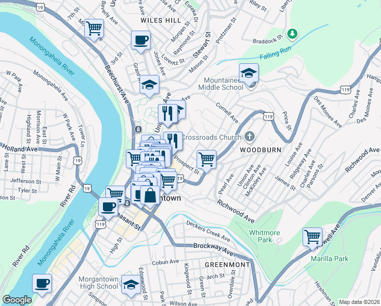 map of restaurants, bars, coffee shops, grocery stores, and more near 649 Spruce Street in Morgantown