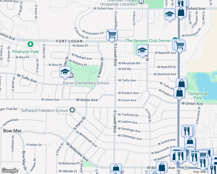 map of restaurants, bars, coffee shops, grocery stores, and more near 4685 South Lowell Boulevard in Denver