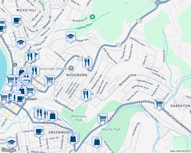 map of restaurants, bars, coffee shops, grocery stores, and more near 921 Ridgeway Avenue in Morgantown