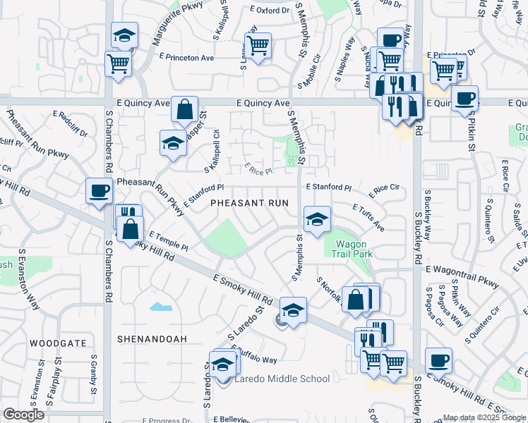 map of restaurants, bars, coffee shops, grocery stores, and more near 4609 South Laredo Street in Aurora