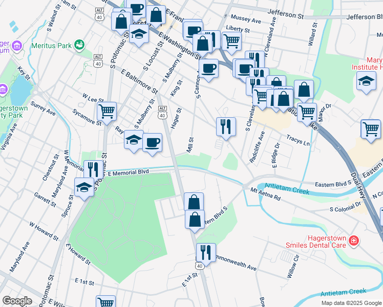 map of restaurants, bars, coffee shops, grocery stores, and more near 288 Mill Street in Hagerstown