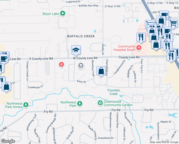 map of restaurants, bars, coffee shops, grocery stores, and more near 1247 Nonsense Avenue in Greenwood