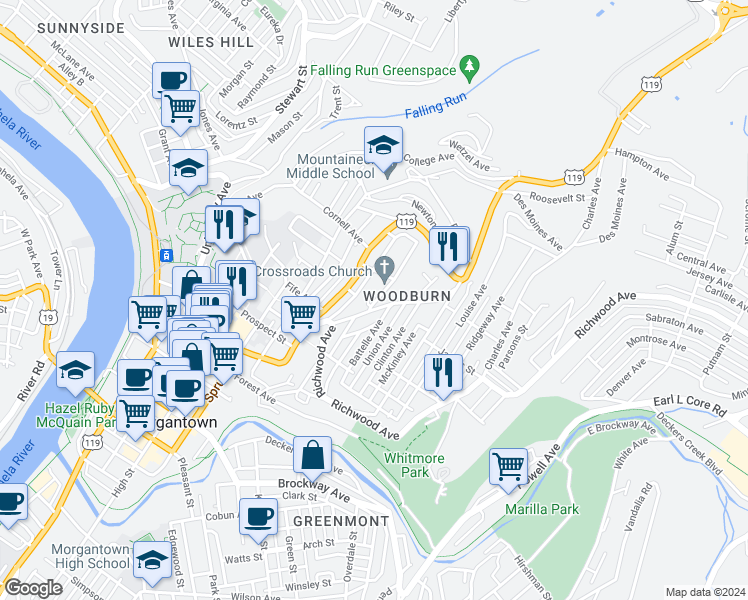 map of restaurants, bars, coffee shops, grocery stores, and more near 755 Garrison Avenue in Morgantown