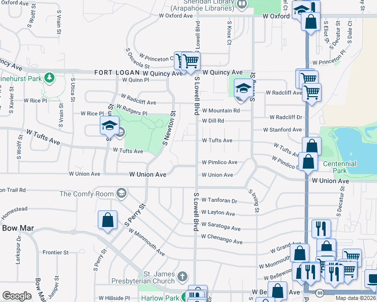 map of restaurants, bars, coffee shops, grocery stores, and more near 4611 South Lowell Boulevard in Denver