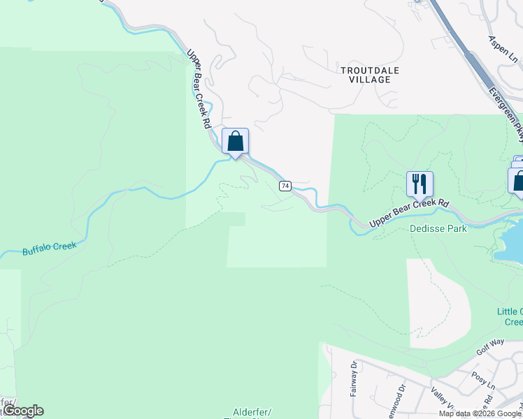 map of restaurants, bars, coffee shops, grocery stores, and more near 30134 Glen Eyrie Drive in Evergreen