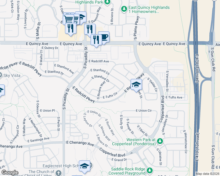 map of restaurants, bars, coffee shops, grocery stores, and more near 22128 East Tufts Drive in Aurora