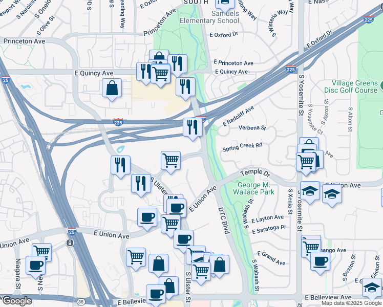 map of restaurants, bars, coffee shops, grocery stores, and more near 8122-8148 East Tufts Avenue in Denver