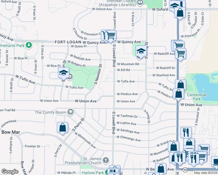 map of restaurants, bars, coffee shops, grocery stores, and more near 4611 South Lowell Boulevard in Denver
