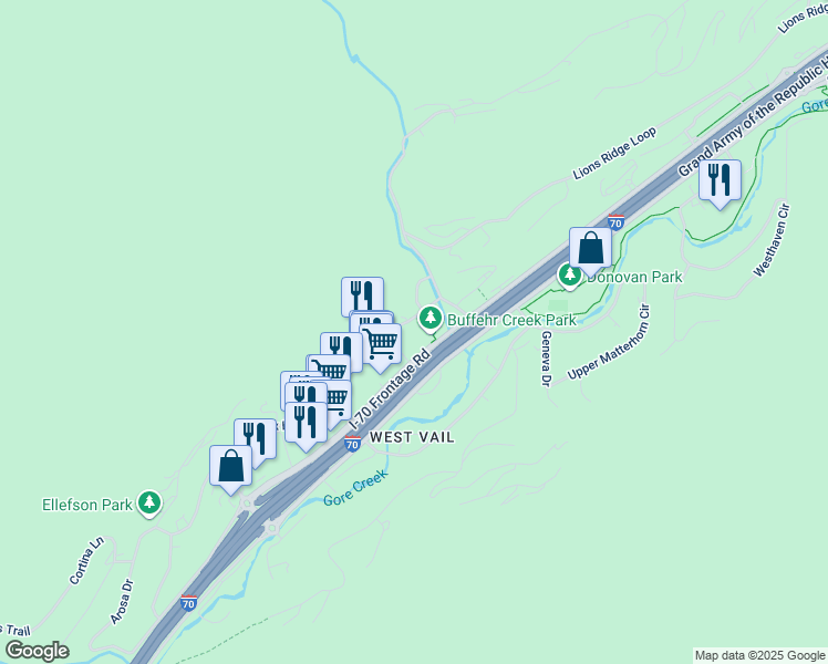 map of restaurants, bars, coffee shops, grocery stores, and more near 2077 North Frontage Road West in Vail