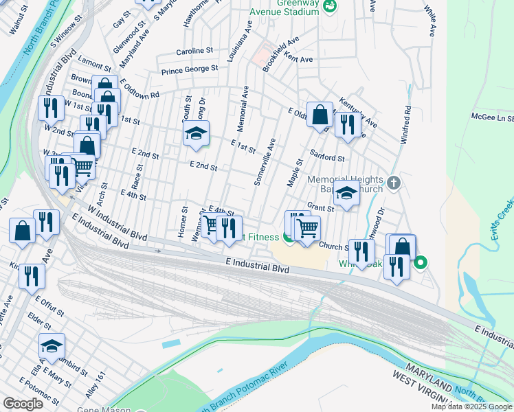 map of restaurants, bars, coffee shops, grocery stores, and more near in Cumberland