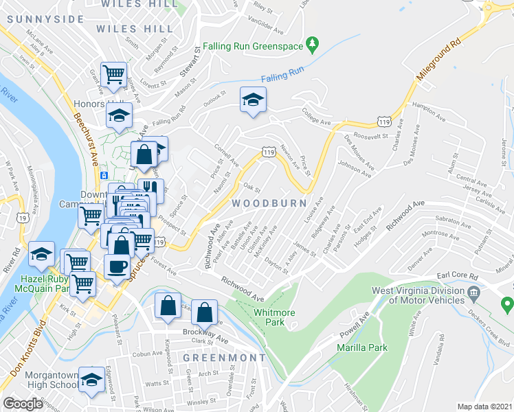map of restaurants, bars, coffee shops, grocery stores, and more near 750 Snider Street in Morgantown