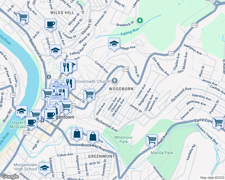 map of restaurants, bars, coffee shops, grocery stores, and more near 750 Snider Street in Morgantown