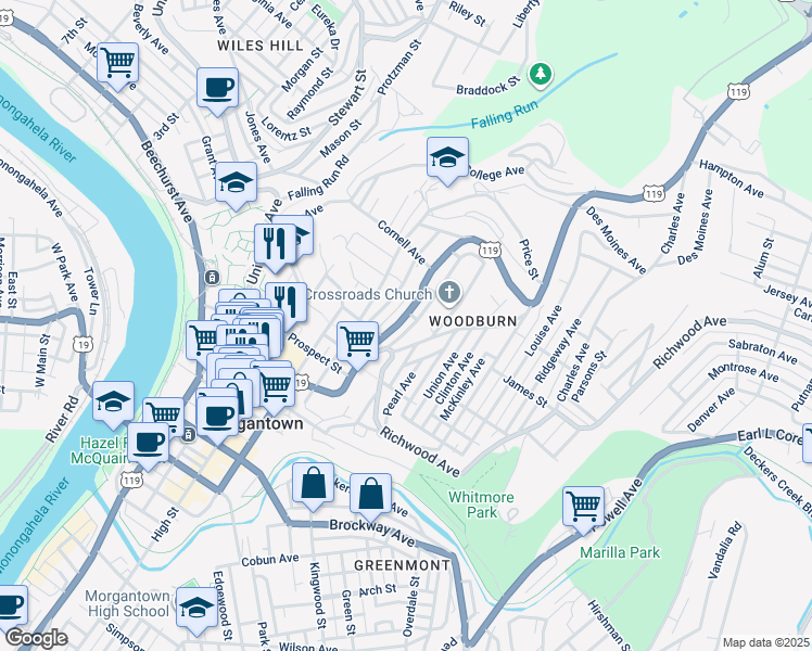 map of restaurants, bars, coffee shops, grocery stores, and more near 724 Weaver Street in Morgantown