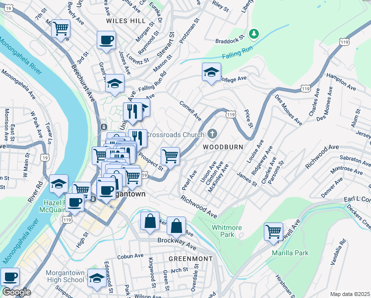 map of restaurants, bars, coffee shops, grocery stores, and more near 724 Weaver Street in Morgantown