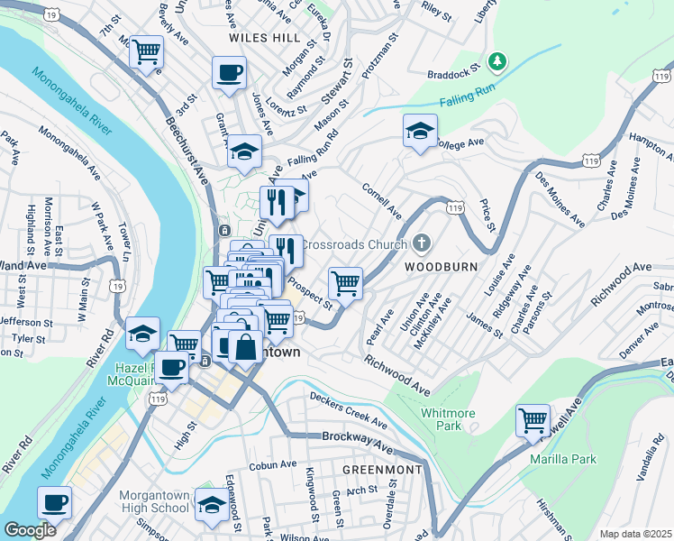 map of restaurants, bars, coffee shops, grocery stores, and more near 274 Wiles Street in Morgantown