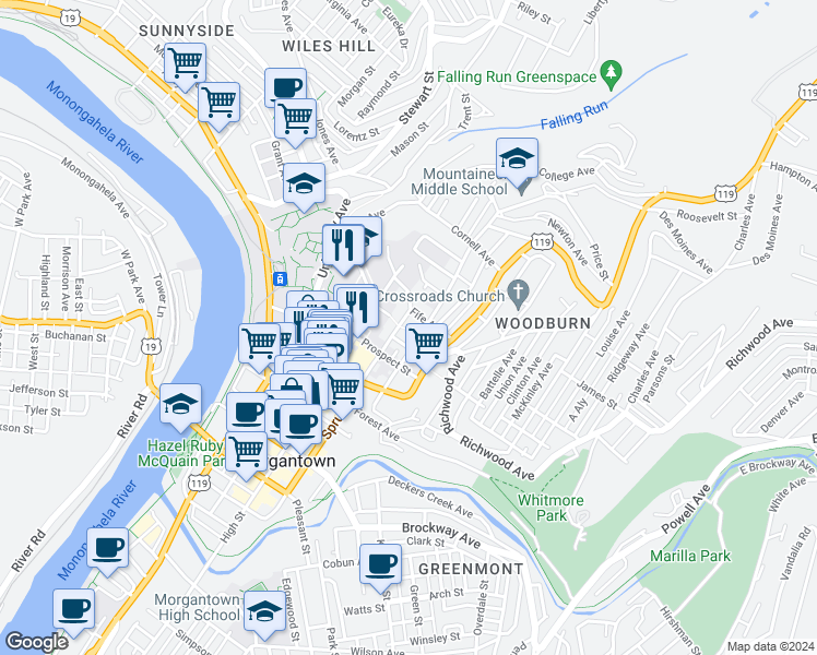 map of restaurants, bars, coffee shops, grocery stores, and more near 274 Wiles Street in Morgantown