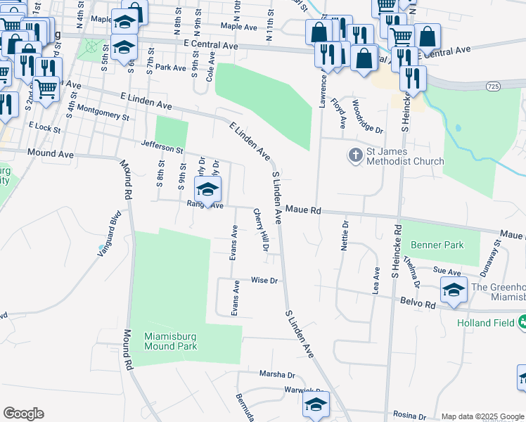 map of restaurants, bars, coffee shops, grocery stores, and more near 507 South Linden Avenue in Miamisburg