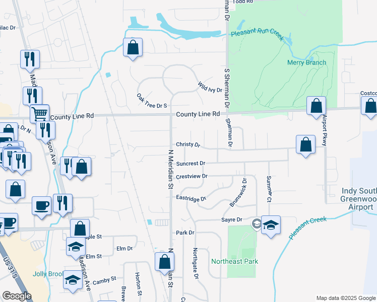 map of restaurants, bars, coffee shops, grocery stores, and more near 66 Suncrest Drive in Greenwood