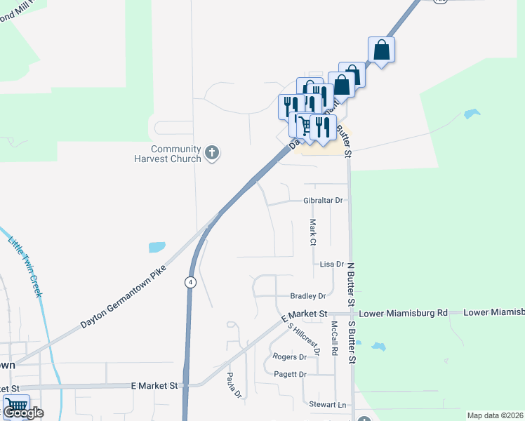 map of restaurants, bars, coffee shops, grocery stores, and more near 107 Worthington Drive in Germantown
