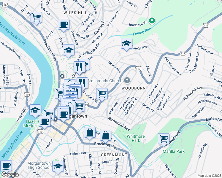 map of restaurants, bars, coffee shops, grocery stores, and more near 724 Weaver Street in Morgantown