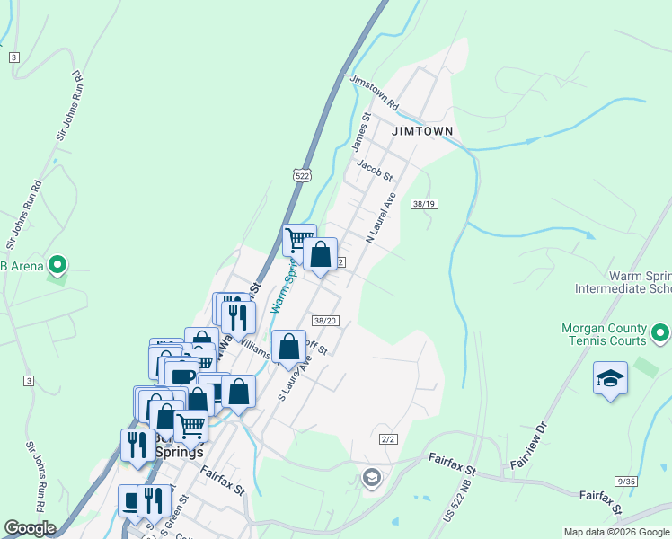 map of restaurants, bars, coffee shops, grocery stores, and more near 25 Hudson Street in Berkeley Springs