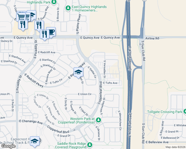 map of restaurants, bars, coffee shops, grocery stores, and more near 22647 East Tufts Avenue in Aurora