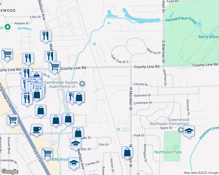 map of restaurants, bars, coffee shops, grocery stores, and more near 1039 Paz Drive North in Greenwood
