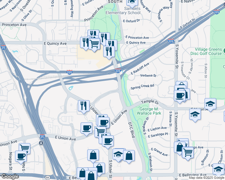 map of restaurants, bars, coffee shops, grocery stores, and more near 8181 East Tufts Avenue in Denver