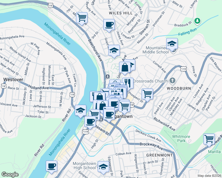 map of restaurants, bars, coffee shops, grocery stores, and more near in Morgantown