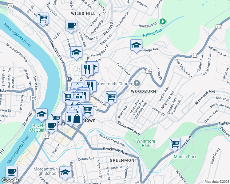 map of restaurants, bars, coffee shops, grocery stores, and more near 675 Willey Street in Morgantown