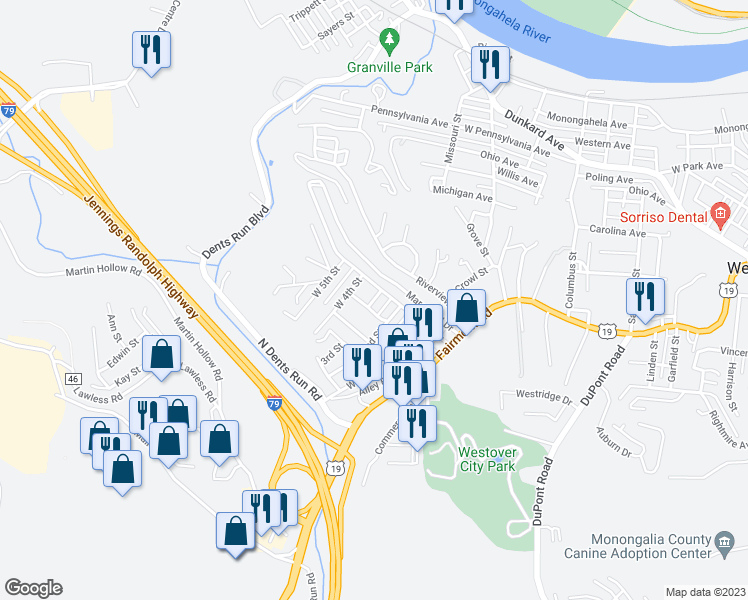 map of restaurants, bars, coffee shops, grocery stores, and more near 12 3rd Street in Morgantown