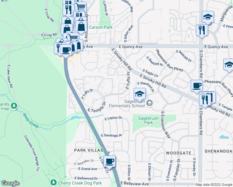 map of restaurants, bars, coffee shops, grocery stores, and more near 4624 South Crystal Way in Aurora