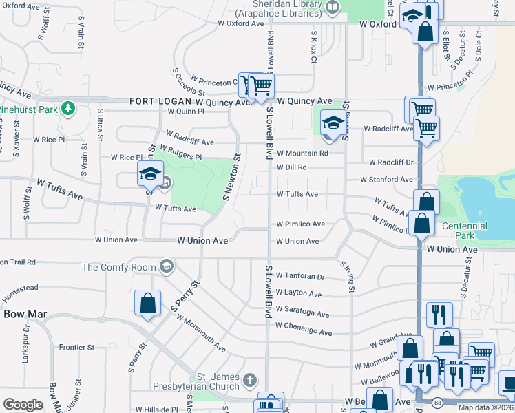 map of restaurants, bars, coffee shops, grocery stores, and more near 4611 South Lowell Boulevard in Denver