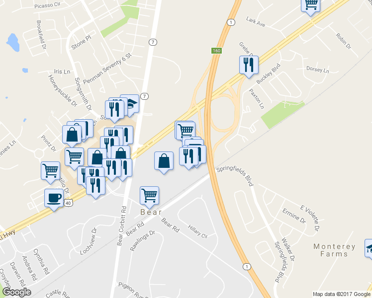 map of restaurants, bars, coffee shops, grocery stores, and more near 741 Eden Circle in Bear