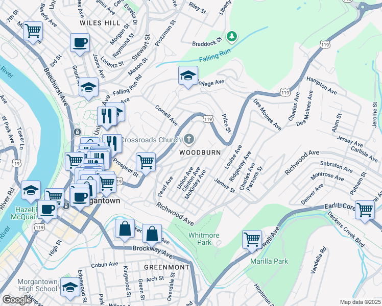 map of restaurants, bars, coffee shops, grocery stores, and more near 750 Snider Street in Morgantown