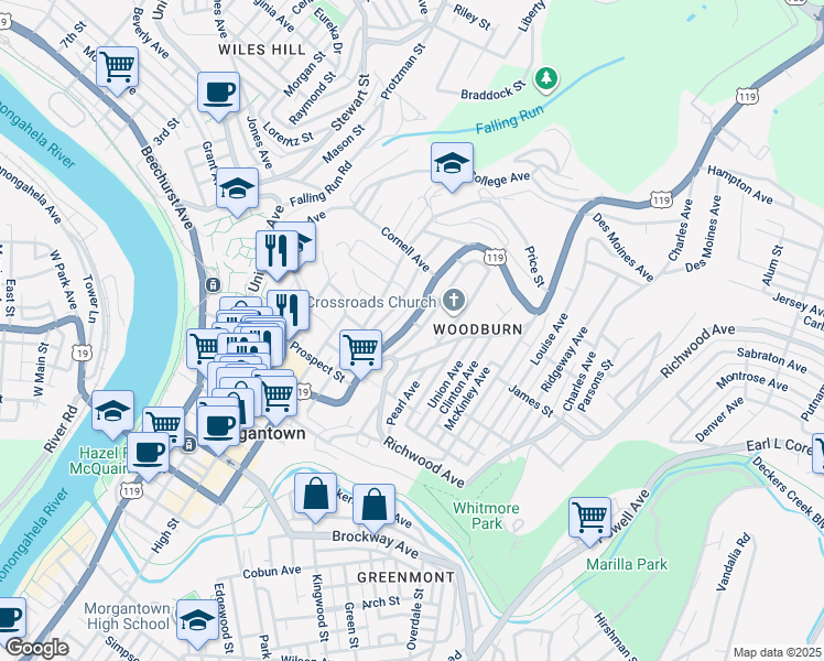 map of restaurants, bars, coffee shops, grocery stores, and more near 724 Weaver Street in Morgantown