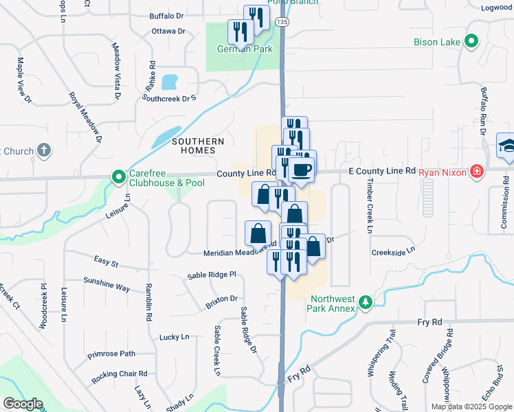 map of restaurants, bars, coffee shops, grocery stores, and more near 1137 Meridian Meadows Court in Greenwood