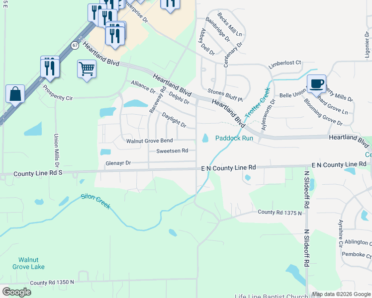 map of restaurants, bars, coffee shops, grocery stores, and more near 10954 Sweetsen Road in Hendricks