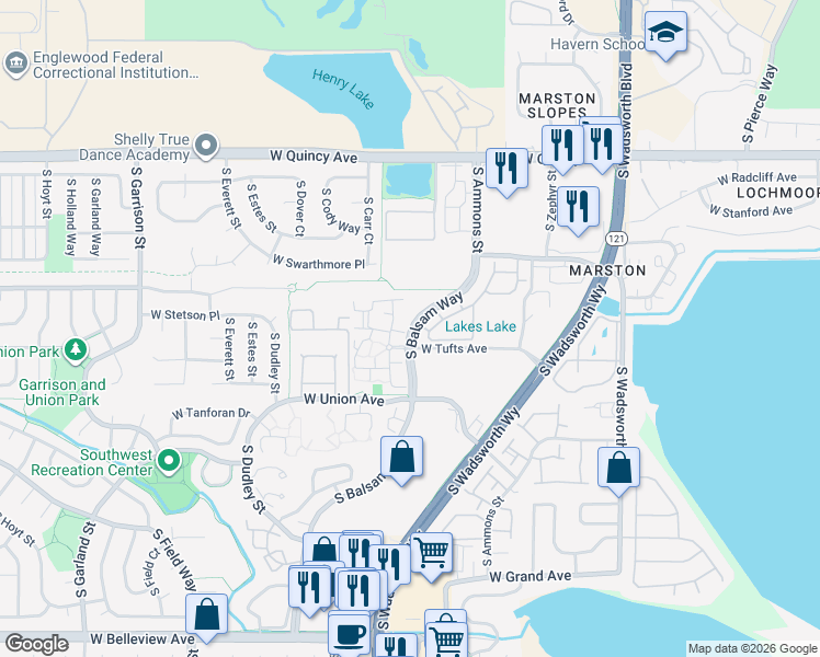 map of restaurants, bars, coffee shops, grocery stores, and more near 4560 South Balsam Way in Denver