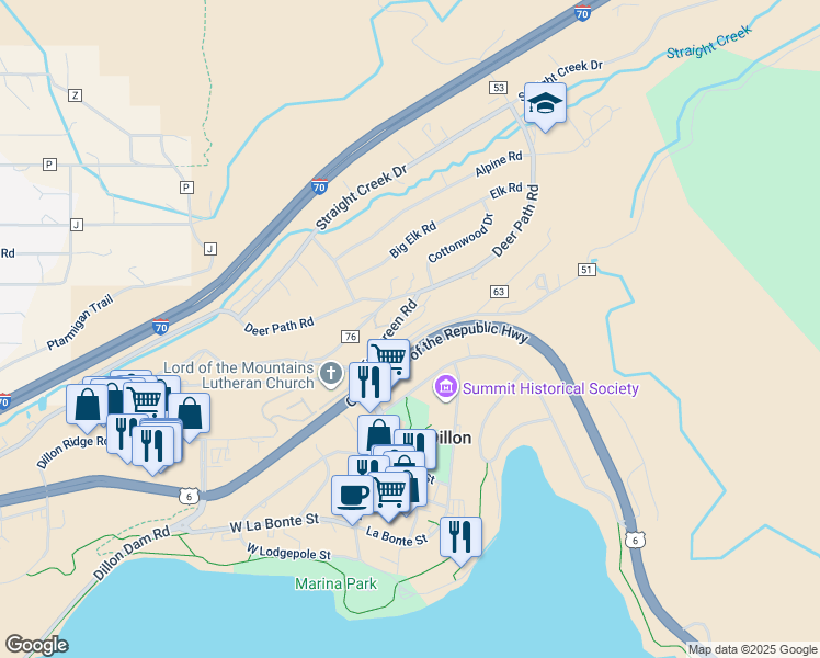 map of restaurants, bars, coffee shops, grocery stores, and more near 110 Evergreen Road in Dillon