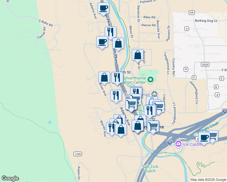map of restaurants, bars, coffee shops, grocery stores, and more near 555 Adams Avenue in Silverthorne