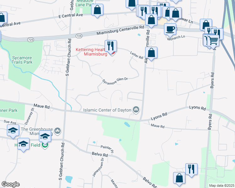 map of restaurants, bars, coffee shops, grocery stores, and more near 450 Oak Ridge Boulevard in Miamisburg