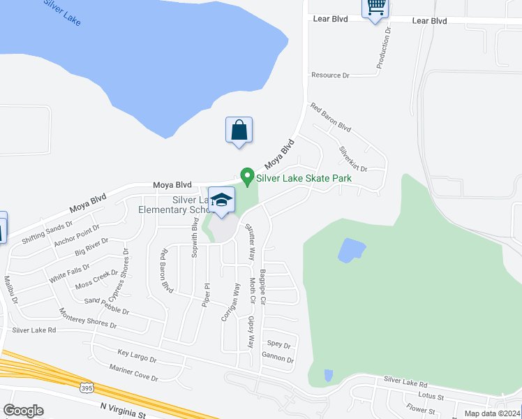 map of restaurants, bars, coffee shops, grocery stores, and more near 8695 Bagpipe Circle in Reno